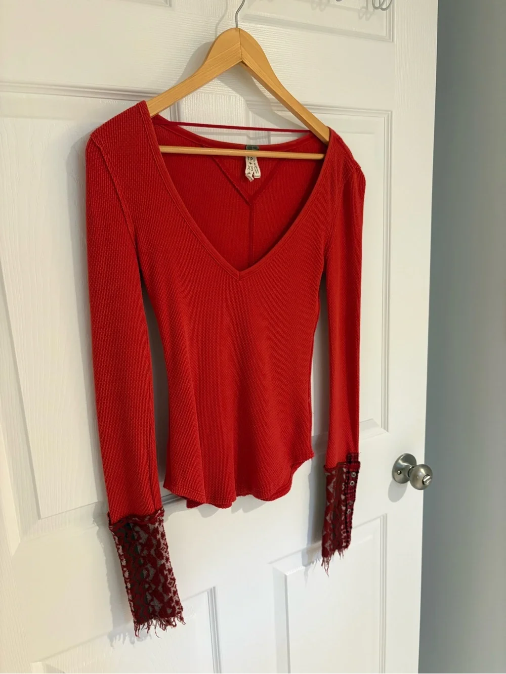 We The Free Free People Red Art School Cuff Top